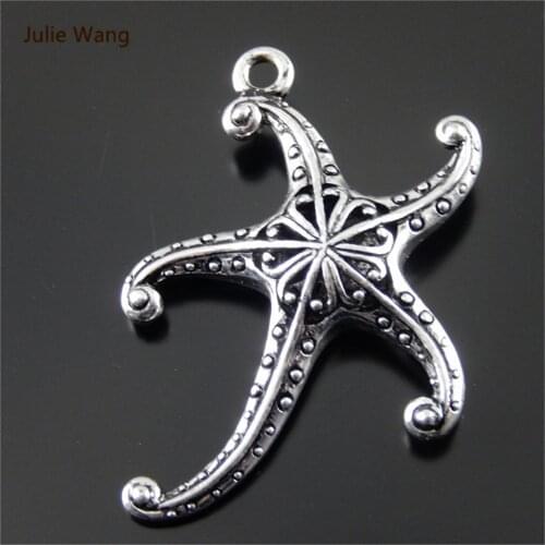 JulieWang 2PCs Mini Charm Alloy Retro Silver Color Starfish Pendant Charms Handmade Hanging Tops Hole