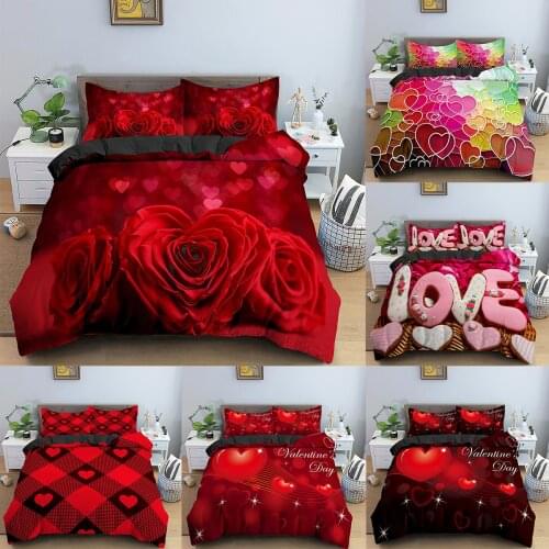 Valentines Day Wedding Flower Bedding Set 2/3 Pcs Luxurious Rose Love Heart Duvet Cover Pillowcase Single/Twin/Queen/King Size