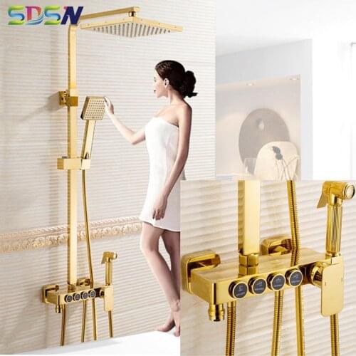 Gold Bath Shower Set SDSN Square Rainfall Shower Head Quality Brass Bathroom Shower System Gold Shower Sprayer Gold Shower Tap