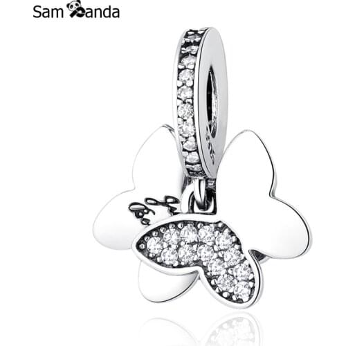 New Authentic 925 Sterling Silver Charm Bead Fluttering Butterflies Dangle Pendant Crystal Fit Pandora Bracelets DIY Jewelry