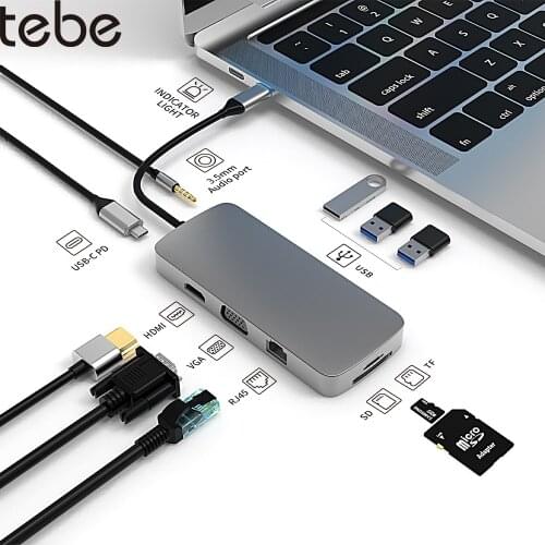 Tebe USB Type-c Hub USB C to 4K HDMI-adapter VGA RJ45 Ethernet 3*USB SD/TF PD Charge Audio Splitter For Macbook Air USB-C HUB