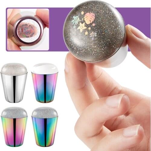 Rainbow Colors Nail Stamper Clear Silicone Head Manicure Scraper Polish Transfer Template Kits with Cap Nail Art Stamping Plate