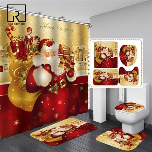 Red Santa Claus Printed Christmas Shower Curtain Set with Bath Mat Anti-slip Carpet Bathroom Partition Waterproof Home Decor