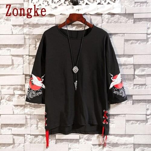 Zongke Crane Print Vintage T Shirt For Men Clothing Black T-Shirt Men Printed Tshirt Men Hip Hop M-5XL 2021 Summer New Arrival