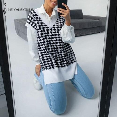 MEIYANGYOUNG Vintage V Neck Womens Sweater Vest Women Houndstooth Pullover Sleeveless Autumn Winter Jumper Knitted Lady Vest