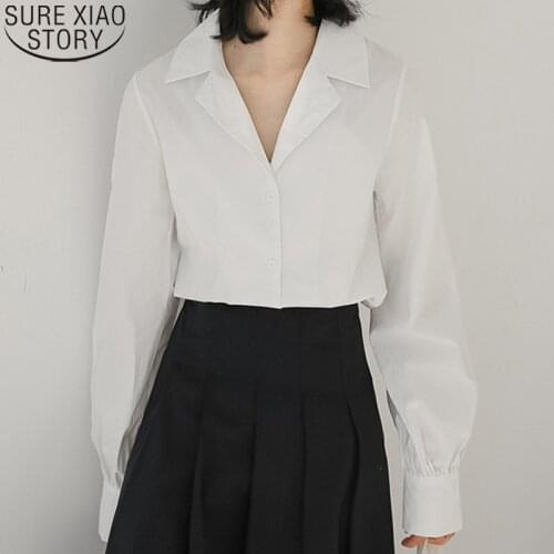Women Shirts Korean Loose Autumn White Blouse Cotton Vintage Lantern Sleeve Shirt Office Lady Suit Collar Tops Clothing 15707