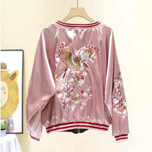 Pink Bomber Jacket Women 2021 New Zipper Stand Collar Fashion Embroidery Jacket Basic Coat Female Spring Loose Harajuku Jackets