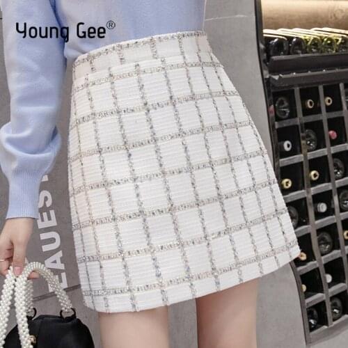 Young Gee Office Lady Elegant Plaid Tweed Skirt Female 2019 Autumn Winter A-Line Skirts Women High Waist Mini Skirt saia falda