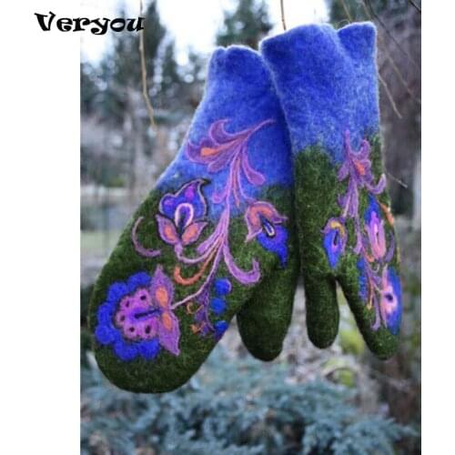 Womens Winter Gloves Fashion Mittens Embroidery Gloves Outdoor Warm Ladies Mittens Leather Flowers Gloves Mittens Fingerless
