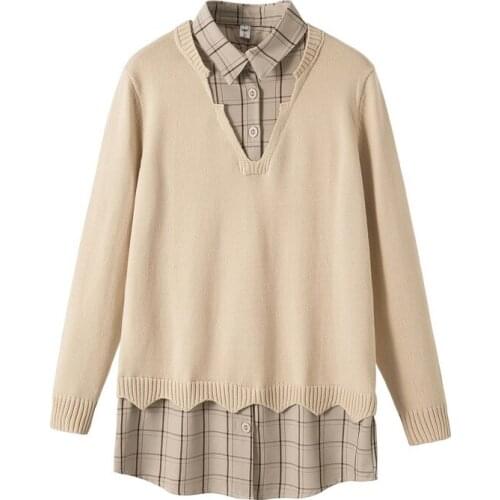 Womens Sweaters Long Sleeve Turn Down Collar Jumper Knitted Coats Oversize Female 2021 Fake Two Piece Autumn Winter Pullovers