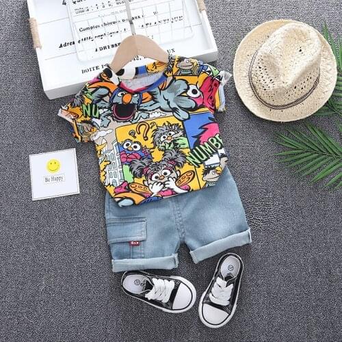 Cool Kid Boys Summer Clothes Outfit With Sunhat Fashion Graffiti T-Shirt+Denim Shorts 2pc/Set Children Toddler Girls Clothing
