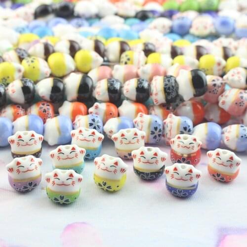 30pcs 13x14mm Hand Painted Lucky Cat Ceramic Beads Vertical Hole Loose Spacer Cute Animal Ceramics Bead For Jewelry Making DIY