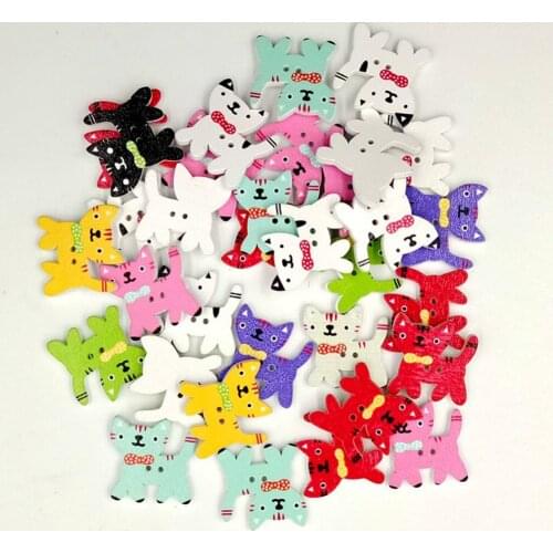 50 Pcs Mixed Color Cute Cat Kitten 2 Holes Wood Sewing Buttons Scrapbooking Decor Buttons