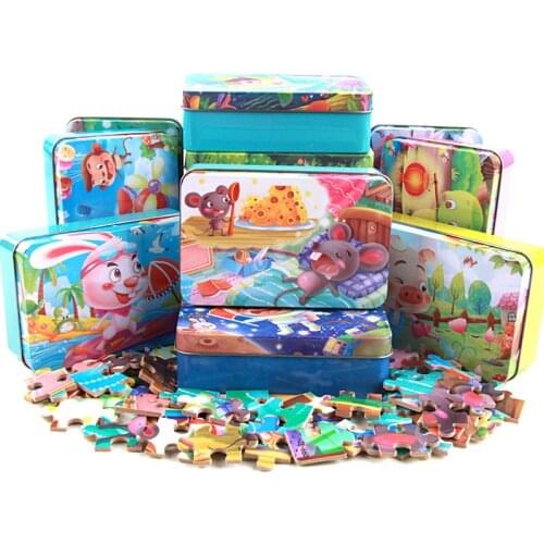 60 Pcs/box Cute Cartoon Puzzle with Iron Box for Children Jigsaw Wooden Animal Puzzle Early Educational Toys for kids gift