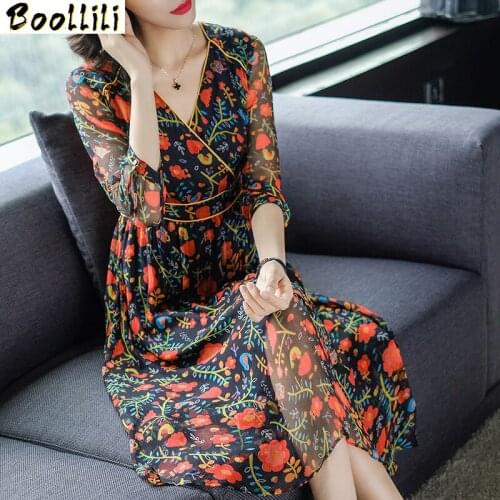 Boollili Real Silk Dress Women Summer Dress Korean Vintage Print Beach Dress Elegant Party Dresses Woman Vestidos Mujer