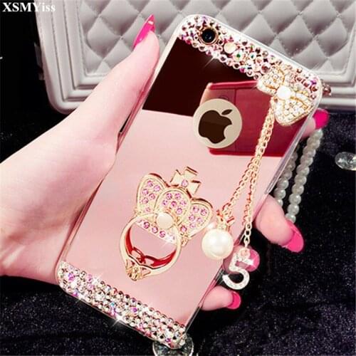 XSMYiss For Samsung S6 S7 S8 S9 S10 PLUS S10 Lite Note5 8 9 Case Luxury Bling Rhinestone Diamond Soft Silicone Mirror Ring Case