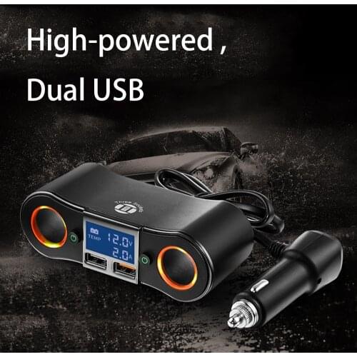 Elistooop Dual USB Ports Car Charger power adapter with 2 Cigarette Lighter Sockets Power Voltage Display for Phone