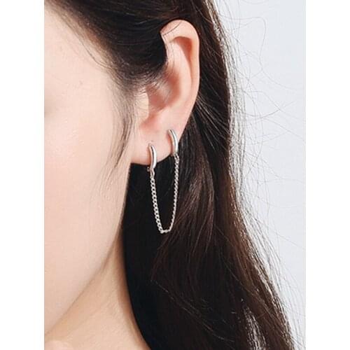 Silver Plated Double Ear Hole Link Chain Hoop Earring For Women Ear Jewelry Accessories Gift 1pcs
