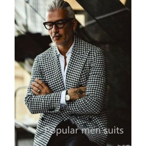 Custom Made Double Breasted Houndstooth Groom Tuxedos Peak Lapel Groomsmen Mens Wedding 2 Piece Suits Blazers (Jacket+Pants+Tie)