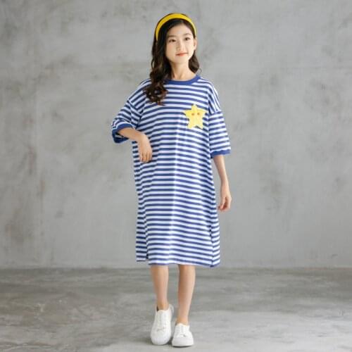 LucaLucky Blue Cotton Striped Dresses Teenage Girls Short Sleeve Long T Shirts Dress Clothing Kids Loose Summer Dress Baby Girl