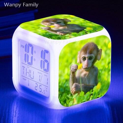 Cute Monkey Alarm Clocks 7 Color LED Digital Clock Large Screen Multifunctional Electronic Alarm Clock Birthday Gifts for Kids