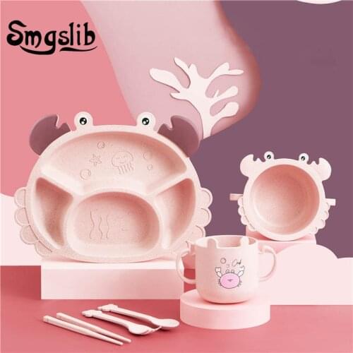 SMGSLIB 6PC/Set Baby Cartoon Tableware Plate Baby Tableware Childrens Dinnerware Set Anti-hot Wheat Straw Kid Feeding Dishes