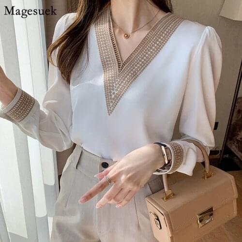 New Fashion Solid V Neck Chiffon Womens Shirt Casual Long Sleeve Blouses For Women Plus Size Loose Female Blouse Clothing 13366