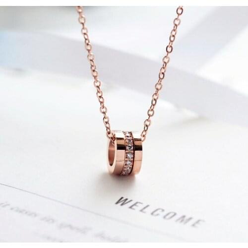 YUN RUO New Arrivals Rose Gold Color Zircon Circle Pendant Necklace Fashion Titanium Steel Woman Jewelry Prevent Fade & Allergic