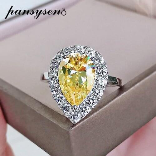 PANSYSEN New Trend 100% Silver 925 Pear Cut Citrine Sapphire Simulated Moissanite Rings for Women Wedding Fine Jewelry Wholesale