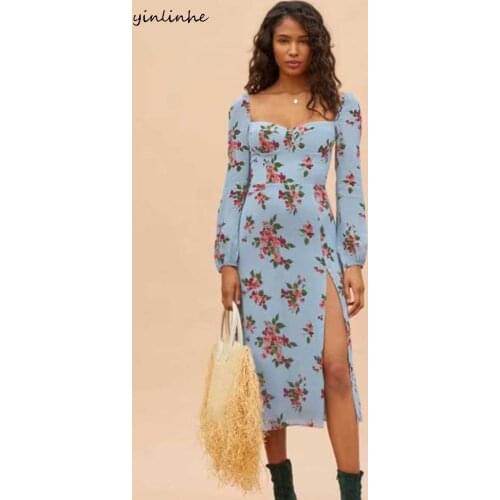 Yinlinhe Heart Collar Floral Long Dress Women Long Sleeve Elastic Split Spring Summer Dress French Style Slim Dress Holiday 2079