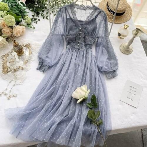 Spring Autumn 2021New Elegant Slim v-neck Mesh Dress Women Sweet Hollow Out Lace Dress High Waist Two Peices Womens Sets dress