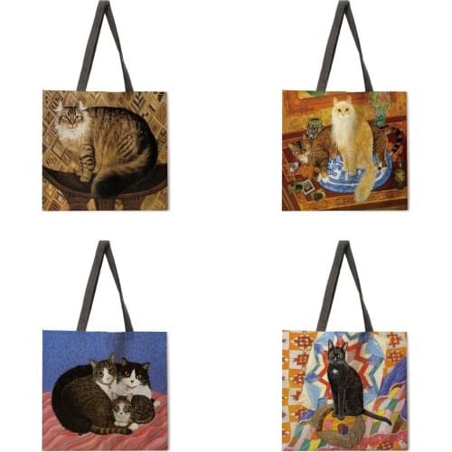 Ins cat tote bag linen tote bag reusable shopping bag outdoor beach bag lady shoulder bag