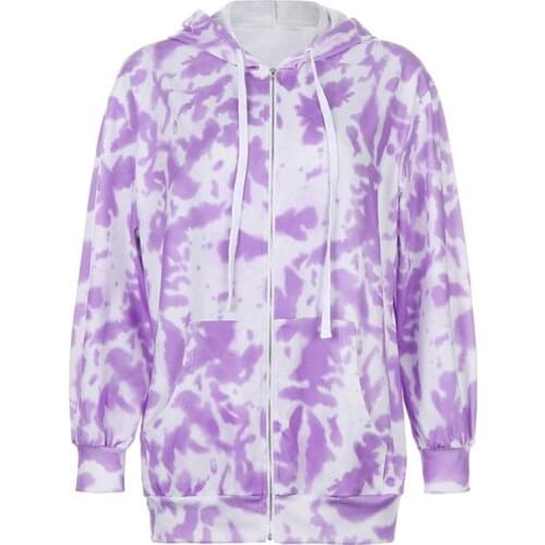 Women Long Sleeve Full Zip Up Hoodies Tie-Dye Drawstring Sweatshirt Jacket Coat A0NF