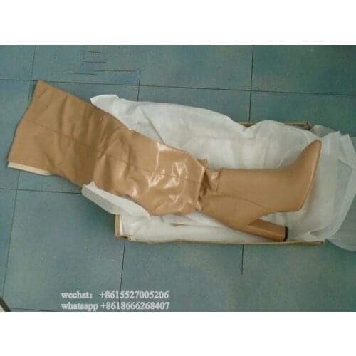 Designer Nude Leather Pointed Toe Thigh High Heel Boot Women Winter Boots Two Ways Wear Ruched Gathering Long Gladiator Booty