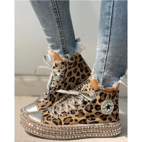 Woman Spring Leopard print Canvas Fashion Sneakers Rhinestone sequin flat Wild womens shoes Youth casual shoes Plus Size 43