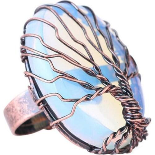 Antique Rings for Women Vintage Finger Jewelry Egg Shape Natural Stone Bead Wire Wrapped Tree of Life Adjustable Ring
