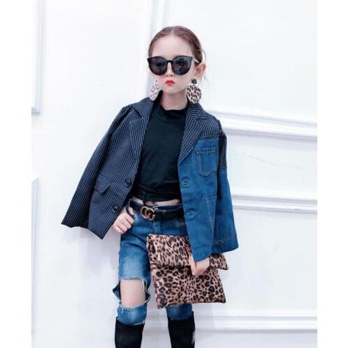 2020 Korean style fashion girls denim patchwork coatfull sleeve autumn girls coat 3-8t F771