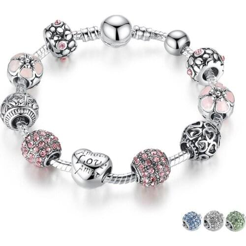 Antique Silver color Charm Bracelet & Bangle Love Flower Beads Women Wedding Delicate Jewelry Fashion 4 Colors 18CM 20CM 21CM