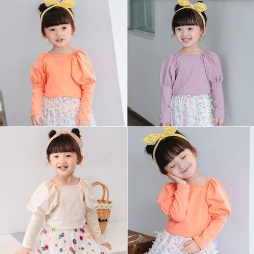 2 3 4 5 6 Y Baby Girls Korean Style Tshirts Fashion Solid Retro Puff Sleeve Kids Tops for Girls Toddler Children Clothes Autumn