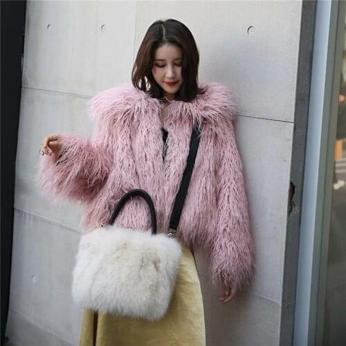 IANLAN Women Real Beige Raccoon Fur Handbags Genuine Cowhide Bucket Bags Ladies Fluffy & Soft Fur Shoulder Bags IL00533