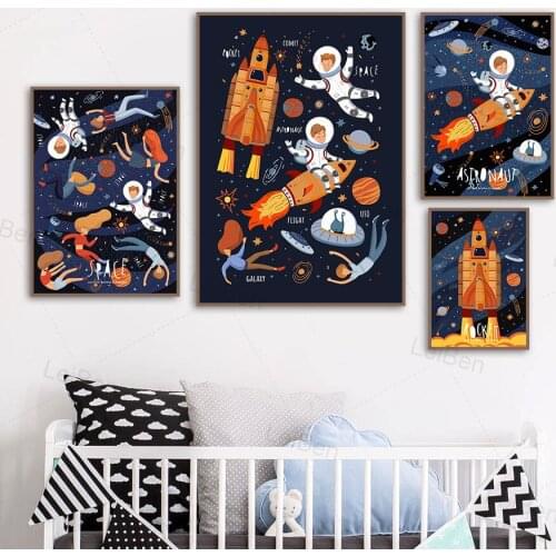 Planet Space Rocket Astronaut Ufo Art Canvas Painting Nordic Cartoon Posters and Prints Wall Pictures Kids Room Decoration Mural