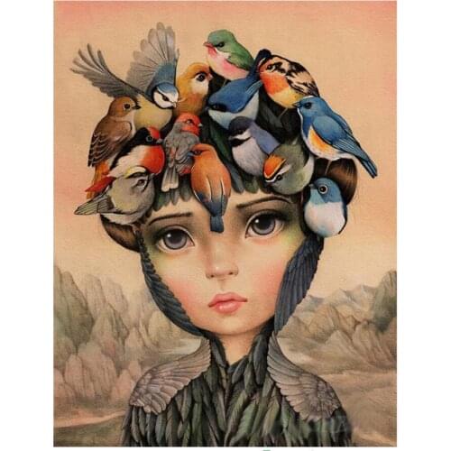 Birds diamond painting full cartoon girl mosaic art picture embroidery cross stitch rhinestones picture puzzle wall decor gift