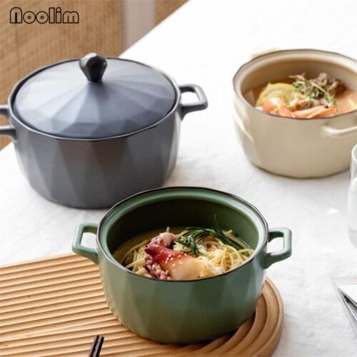 Nordic Ceramic Soup Salad Dessert Bowl with Lid Porcelain Large Capacity Simple Binaural Instant Noodle Bowl Tableware 1L/1.6L
