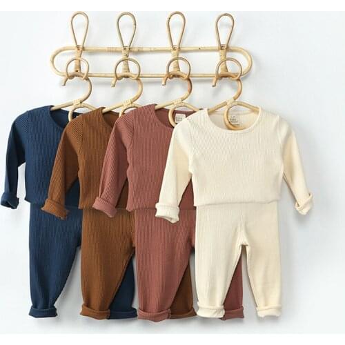 New Toddler Baby Boy Girl Clothing Set Solid Color Ribbed Knitted Long Sleeve T-shirt+Pants Children Clothing Set