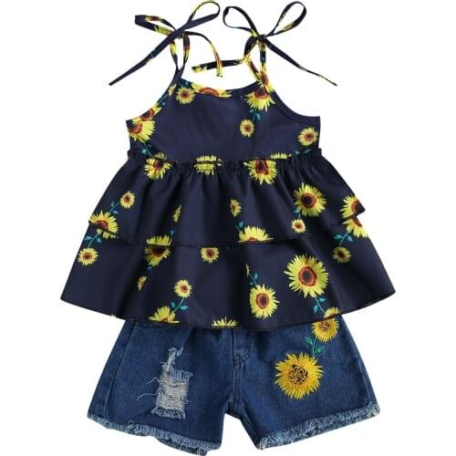 OPPERIAYA Kids Baby Girls Fashion 2-piece Summer Outfit Casual Set Sleeveless Sunflower Print Tops Pocket Hole Denim Shorts Set