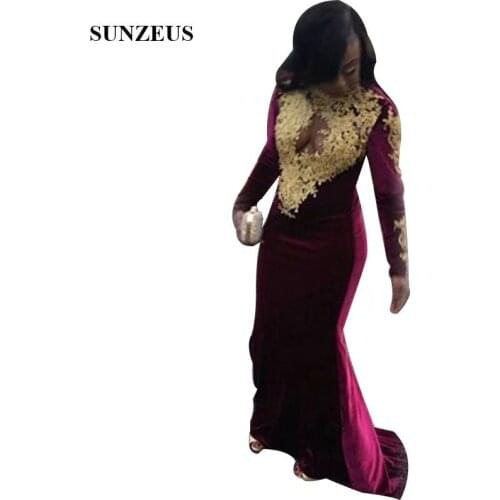 Gold Appliques Lace Prom Dresses For African Women Long Burgundy Velvet Party Gowns Full Sleeves High Neck robe de soiree