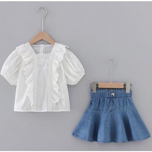 Girls Short Sleeve Casual Fashion O-neck White Shirts+Jeans Skirts 2PCS Clothing Sets Little Girls Fashion Sets