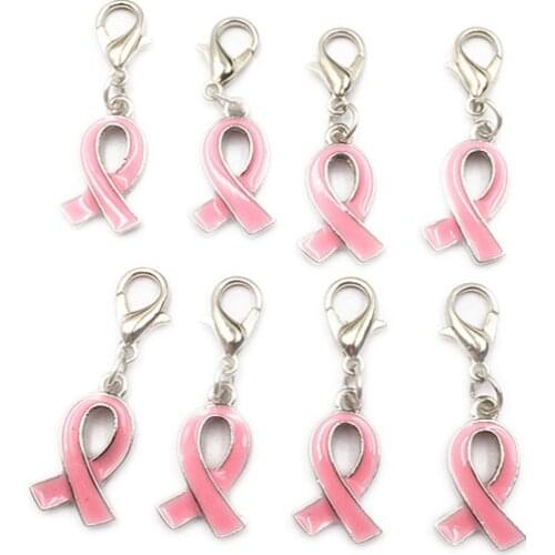 Breast Cancer Awareness Pink Ribbon Dangle Charms With Lobster Clasp Charms For DIY Bracelet & Necklace & Floating Lockets 10PCS