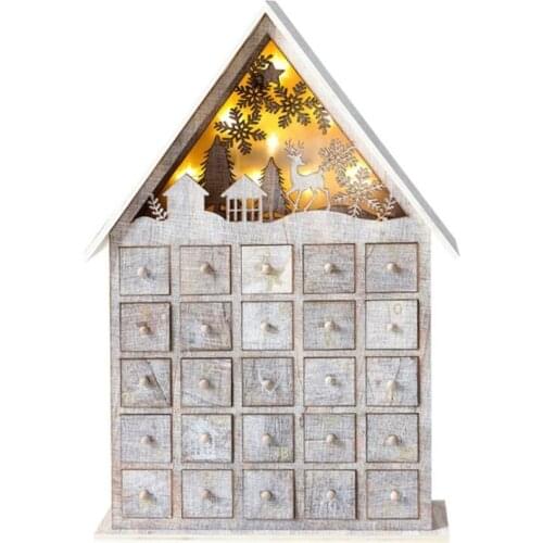 Christmas Wooden Advent Calendar Countdown Decoration with Drawers LED Light Ornament Battery Operated for Adults Kids