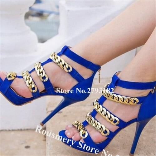 New Fashion Open Toe Gold Chains Stiletto Heel Gladiator Sandals Blue Suede Leather Zipper-up High Heel Sandals Dress Heels